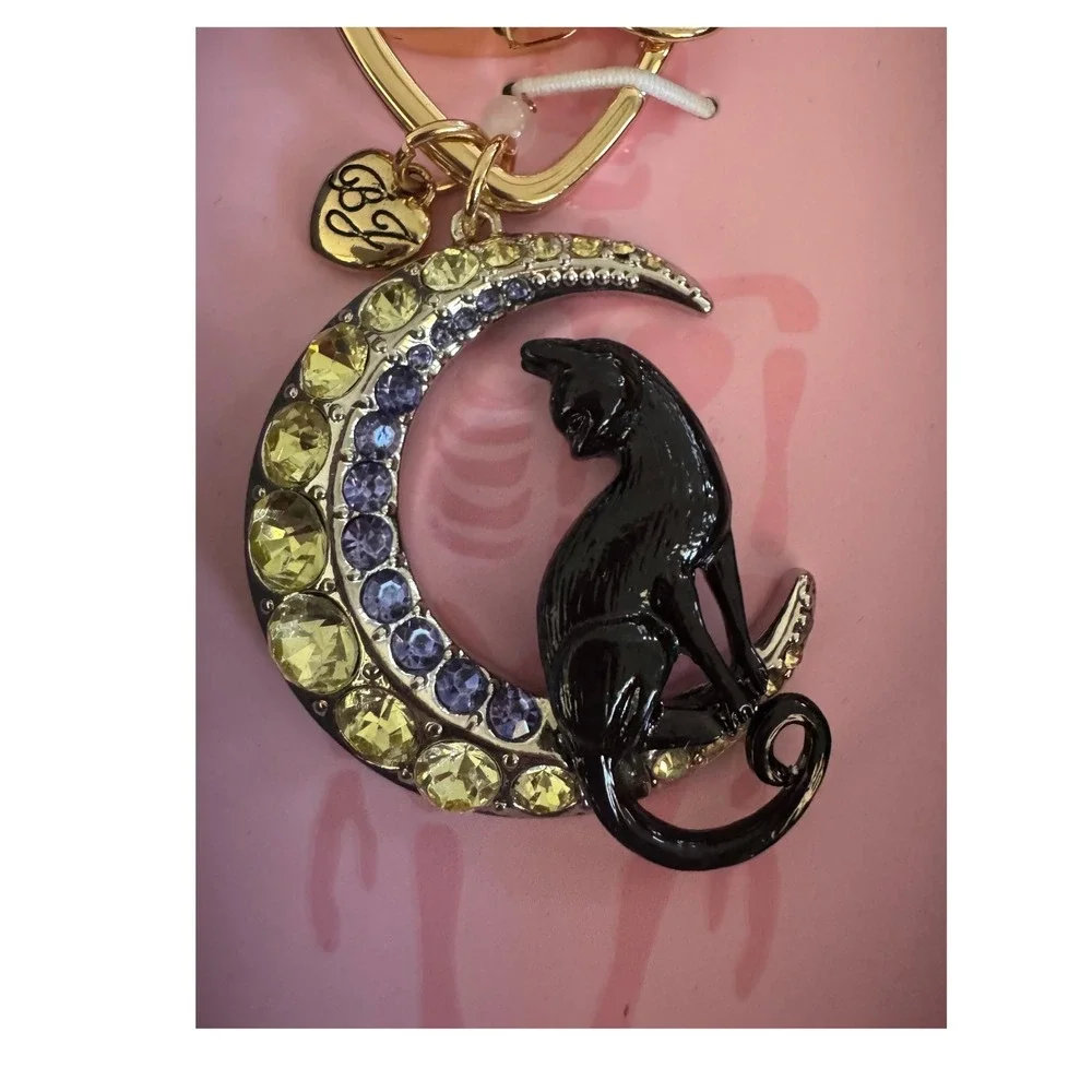 Betsey Johnson Halloween Black Cat Crescent Moon Bag Charm Keychain Coffin Box